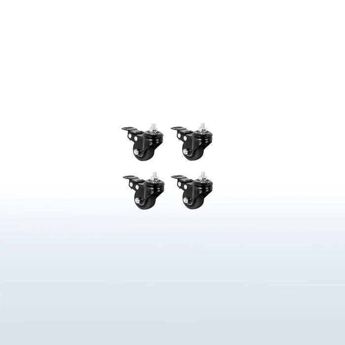 Four black locking caster wheels.