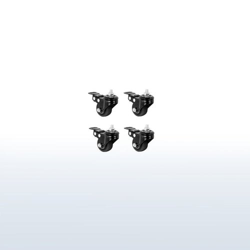 Four black locking caster wheels.
