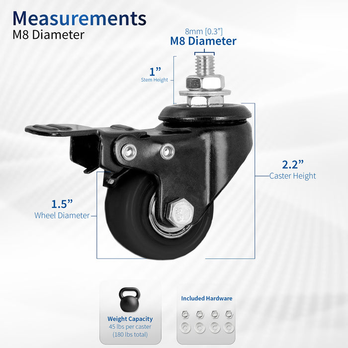 Four black locking caster wheels.