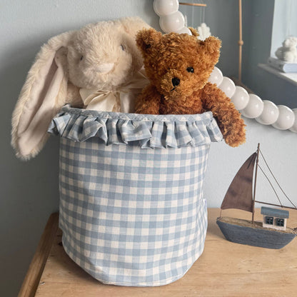 Mabel & Fox - Personalised Blue Gingham Ruffle Basket - Velvet Bow - Mabel & Fox