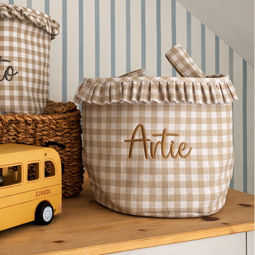 Mabel & Fox - Personalised Beige Gingham Ruffle Basket - Embroidered - Mabel & Fox