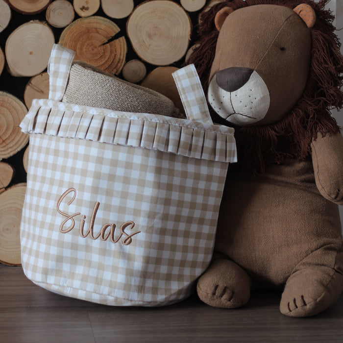 Mabel & Fox - Personalised Beige Gingham Ruffle Basket - Embroidered - Mabel & Fox