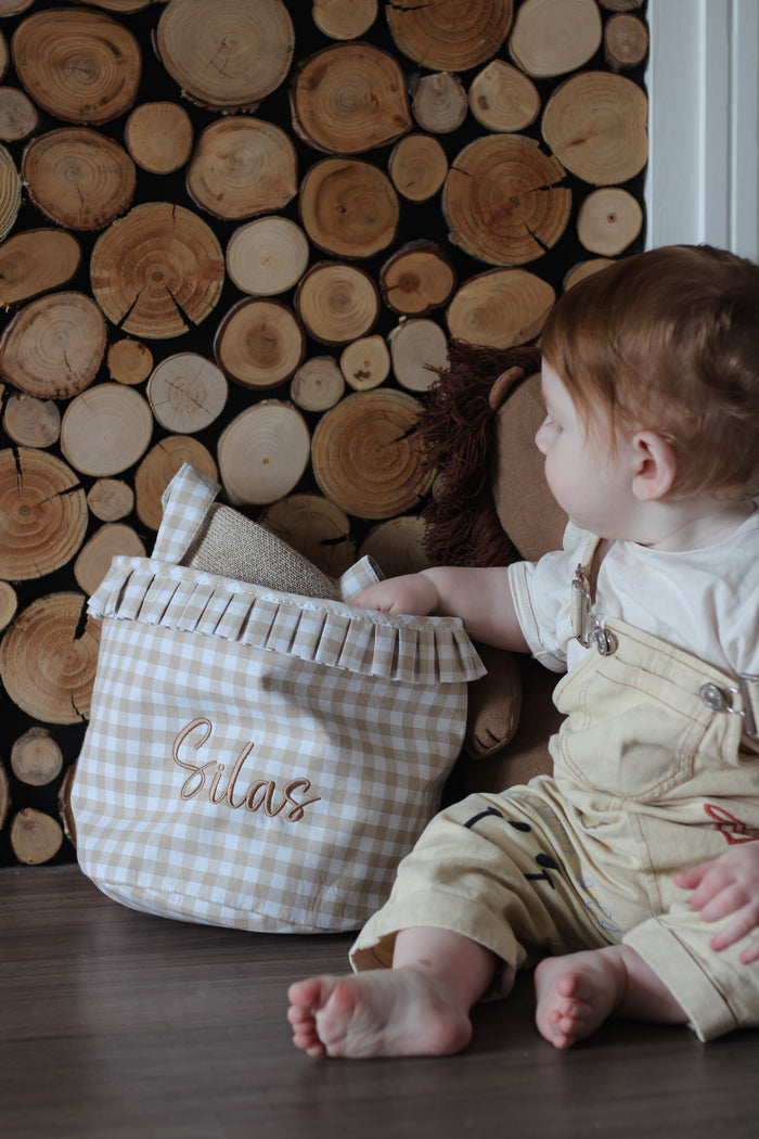 Mabel & Fox - Personalised Beige Gingham Ruffle Basket - Embroidered - Mabel & Fox