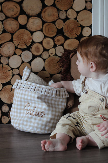 Mabel & Fox - Personalised Beige Gingham Ruffle Basket - Embroidered - Mabel & Fox