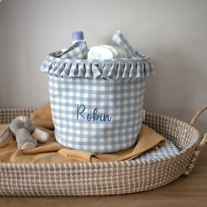 Mabel & Fox - Personalised Blue Gingham Ruffle Basket - Embroidered - Mabel & Fox