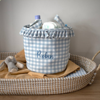 Mabel & Fox - Personalised Blue Gingham Ruffle Basket - Embroidered - Mabel & Fox