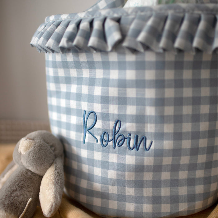Mabel & Fox - Personalised Blue Gingham Ruffle Basket - Embroidered - Mabel & Fox
