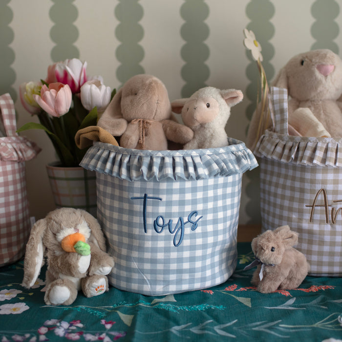Mabel & Fox - Personalised Blue Gingham Ruffle Basket - Embroidered - Mabel & Fox