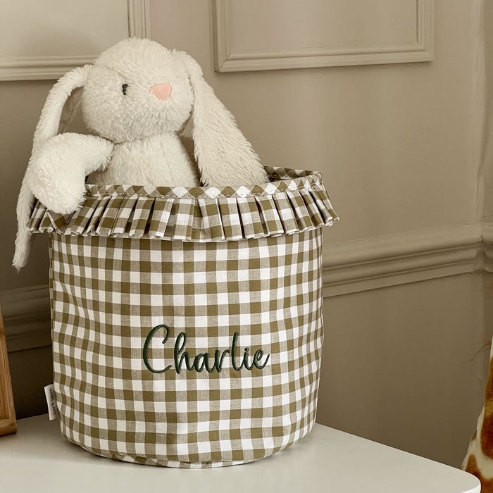 Mabel & Fox - Personalised Olive Green Gingham Ruffle Basket - Embroidered - Mabel & Fox