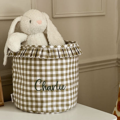 Mabel & Fox - Personalised Olive Green Gingham Ruffle Basket - Embroidered - Mabel & Fox