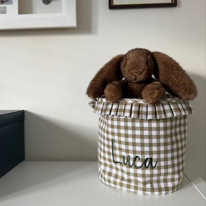Mabel & Fox - Personalised Olive Green Gingham Ruffle Basket - Embroidered - Mabel & Fox