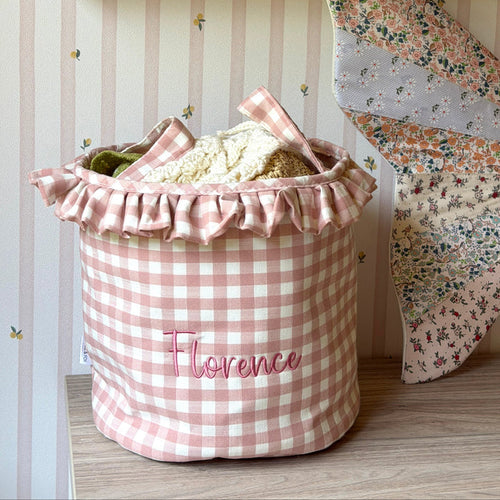 Mabel & Fox - Personalised Pink Gingham Ruffle Basket - Embroidered - Mabel & Fox