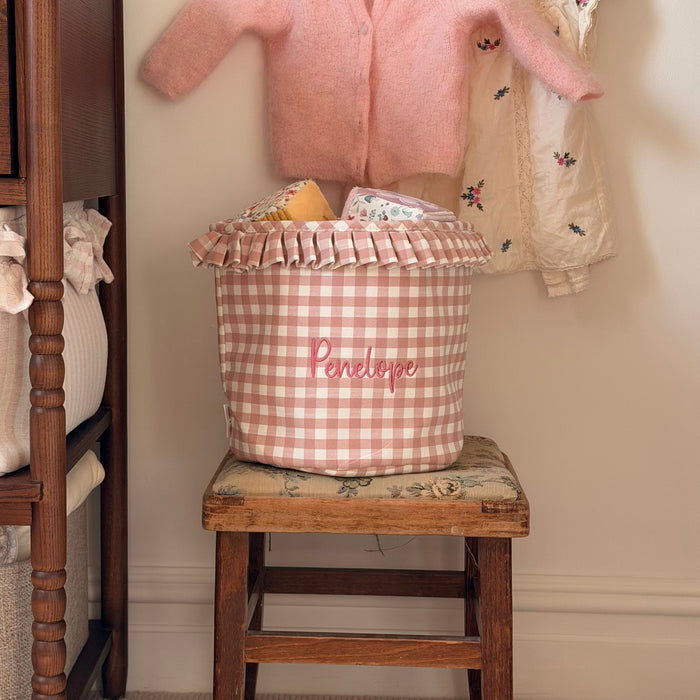 Mabel & Fox - Personalised Gingham Ruffle Basket - Pink