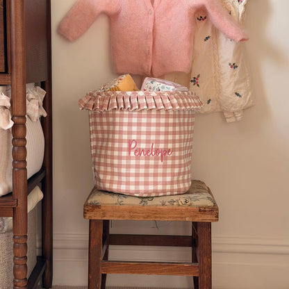 Mabel & Fox - Personalised Gingham Ruffle Basket - Pink