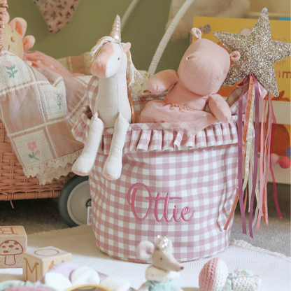 Mabel & Fox - Personalised Pink Gingham Ruffle Basket - Embroidered - Mabel & Fox