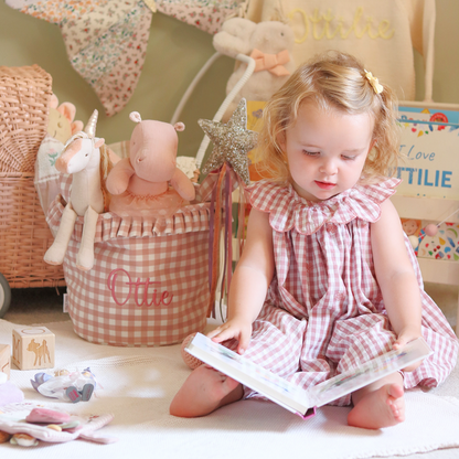 Mabel & Fox - Personalised Pink Gingham Ruffle Basket - Embroidered - Mabel & Fox