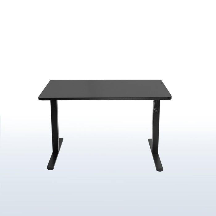Black manual height adjustable desk with side crank handle.