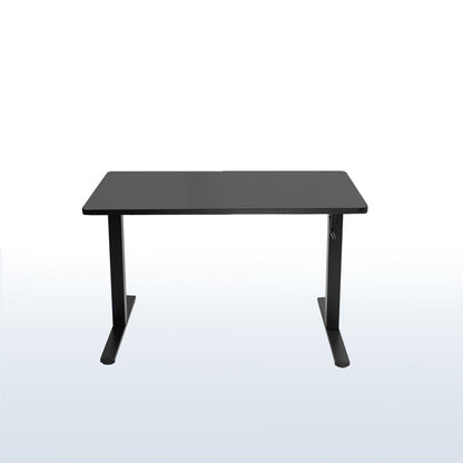 Black manual height adjustable desk with side crank handle.