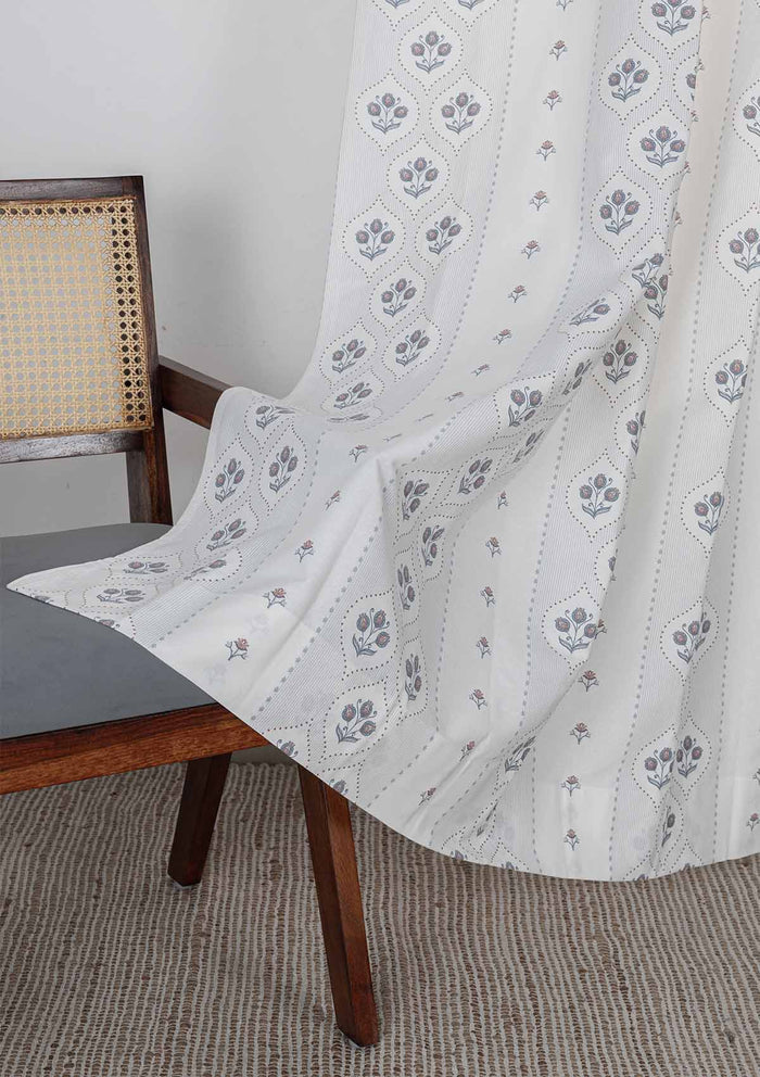 Meher Blue Floral 100% Cotton Printed Curtain For Livingroom / Bedroom | Light Reduction | Single Piece