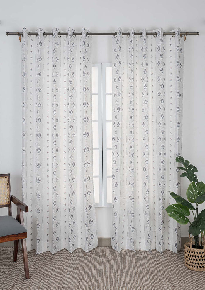 Meher Blue Floral 100% Cotton Printed Curtain For Livingroom / Bedroom | Light Reduction | Single Piece
