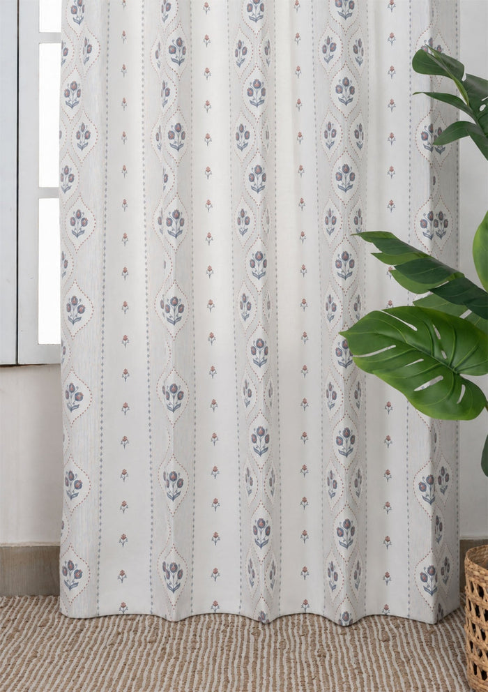 Meher Blue Floral 100% Cotton Printed Curtain For Livingroom / Bedroom | Light Reduction | Single Piece