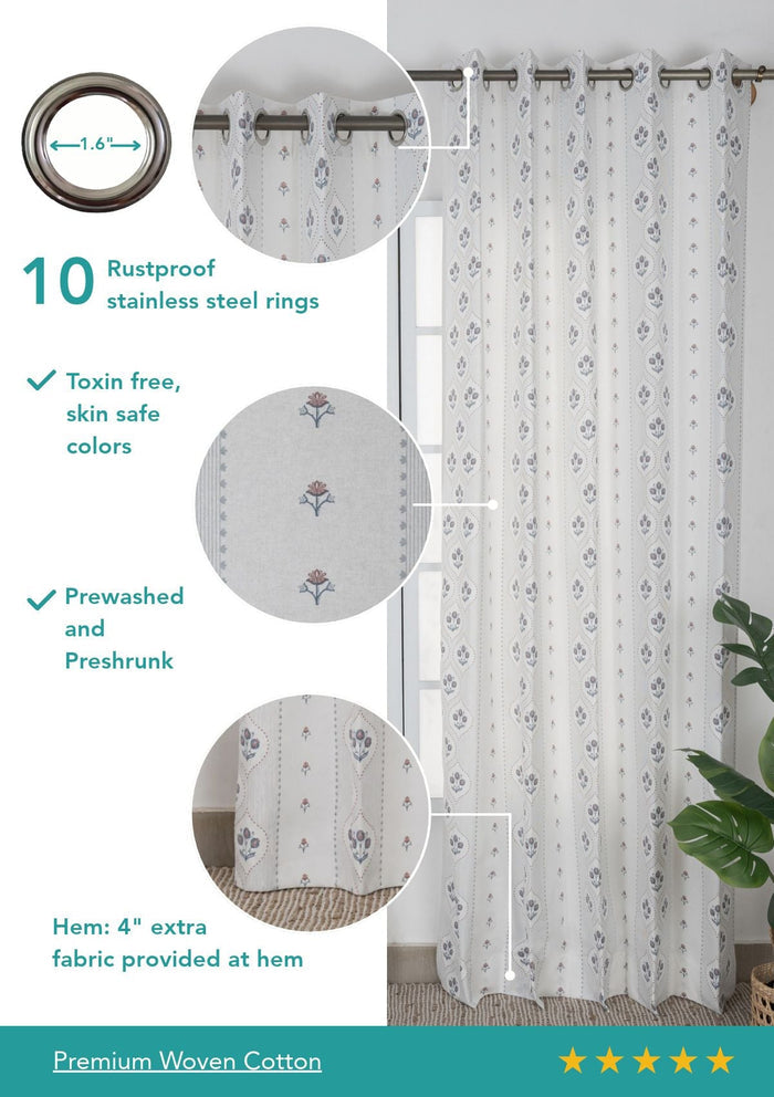 Meher Blue Floral 100% Cotton Printed Curtain For Livingroom / Bedroom | Light Reduction | Single Piece