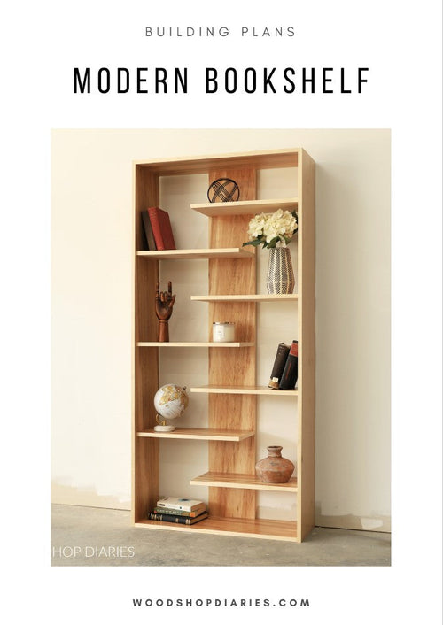 DIY modern bookshelf building plans finished plywood bookshelf with staggered shelves styled with books and home decor