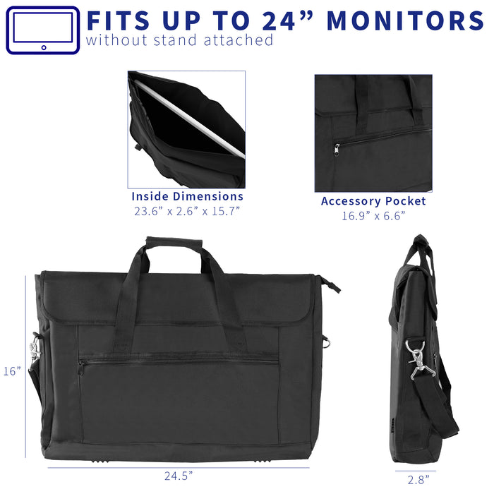 A black monitor travel case with a shoulder strap and multiple compartments.