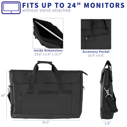 A black monitor travel case with a shoulder strap and multiple compartments.