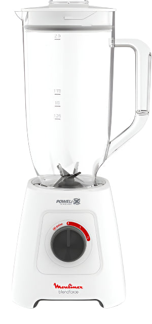 White blender with clear pitcher on a white background