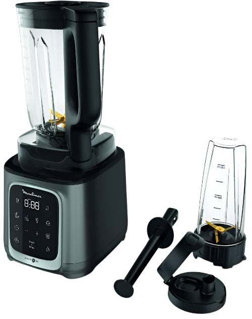Black blender with attachments on a white background