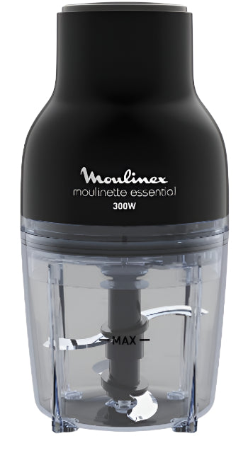 Black Moulinex moulinette essential food processor on a white background