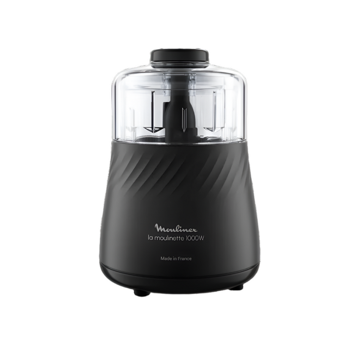 Black food chopper with clear container on a white background