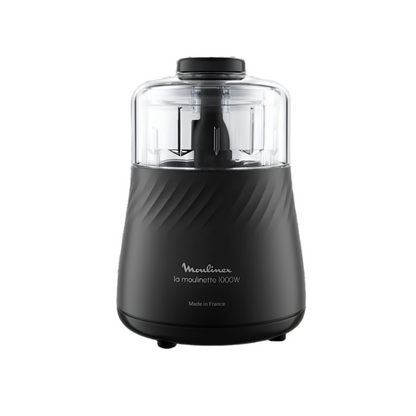 Black food chopper with clear container on a white background