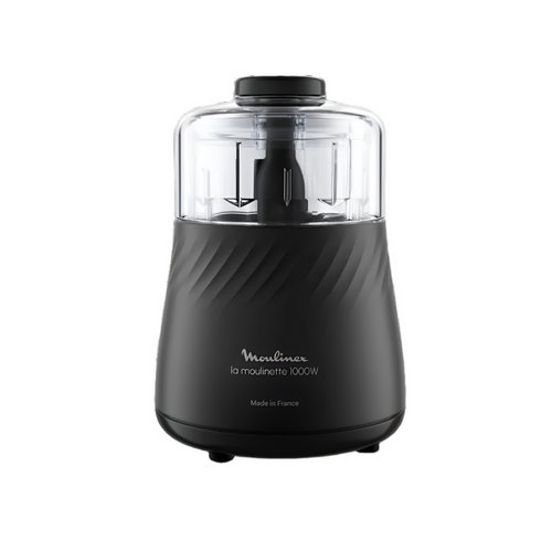 Black food chopper with clear container on a white background