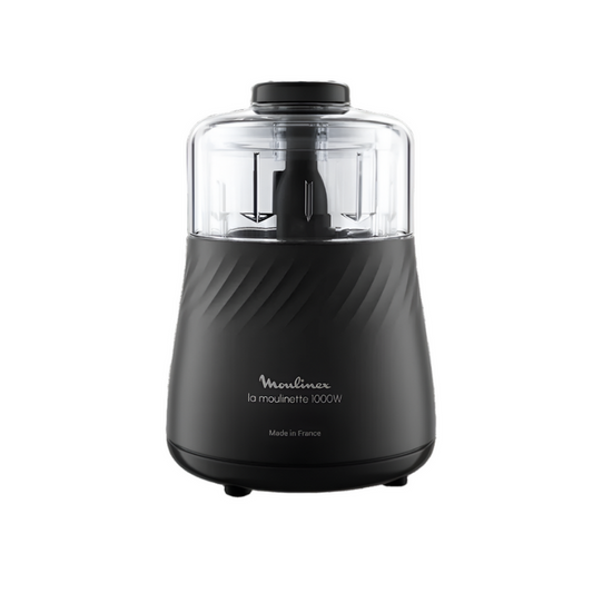 Black food chopper with clear container on a white background