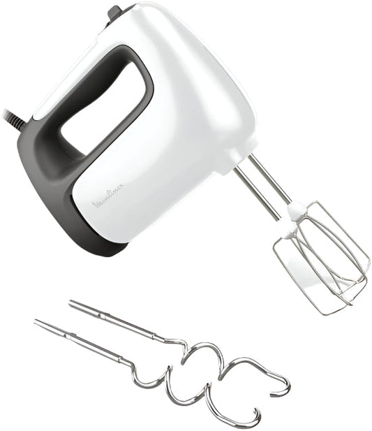 White hand mixer with attachments on a white background