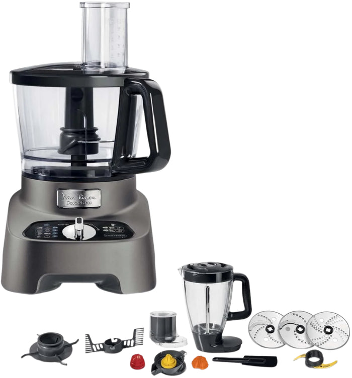 Kitchen appliance set with food processor, blender, and attachments on a white background