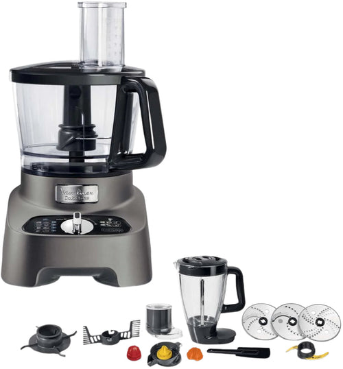 Kitchen appliance set with food processor, blender, and attachments on a white background