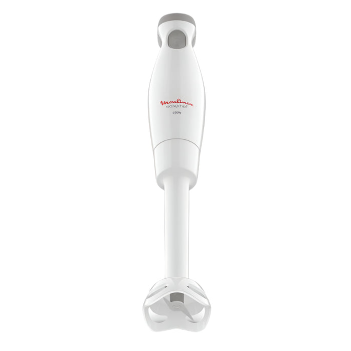 White immersion blender with red logo on a white background