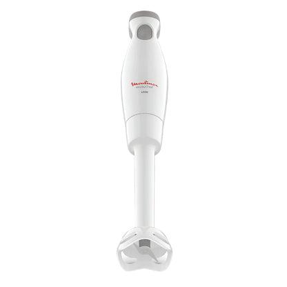 White immersion blender with red logo on a white background