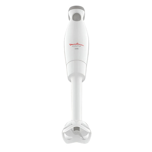 White immersion blender with red logo on a white background