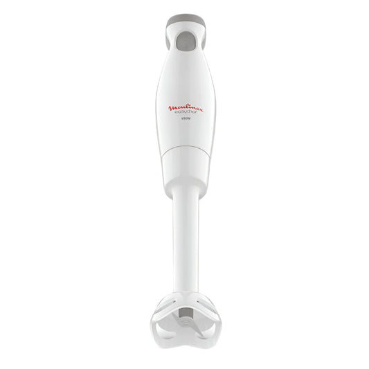 White immersion blender with red logo on a white background