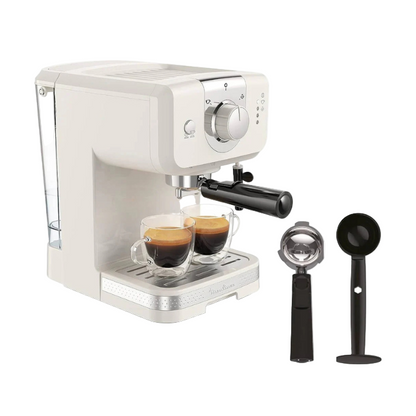 White espresso machine with two cups of coffee and accessories on a white background
