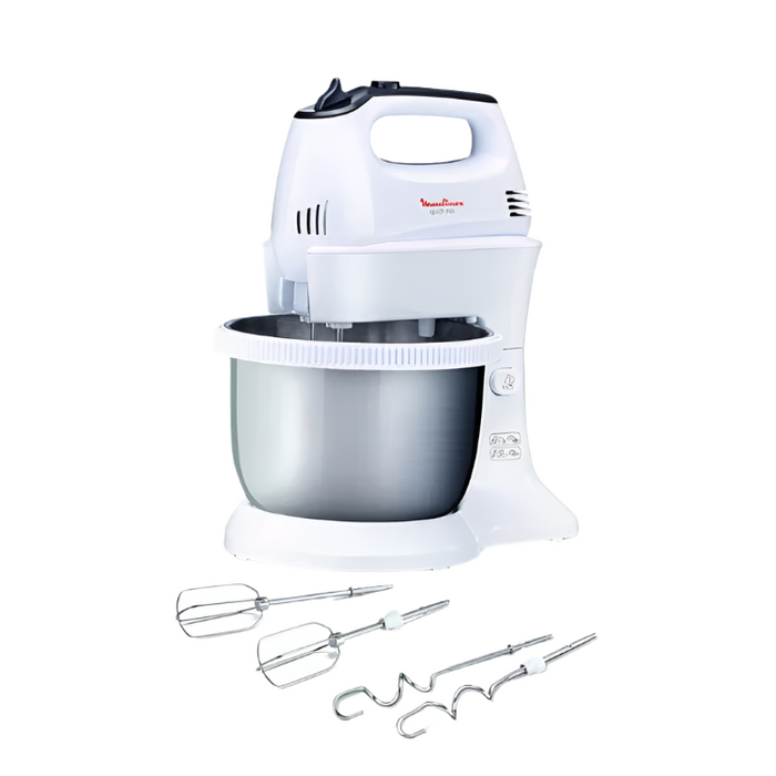 White stand mixer with attachments on a white background