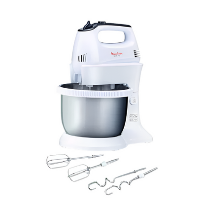White stand mixer with attachments on a white background