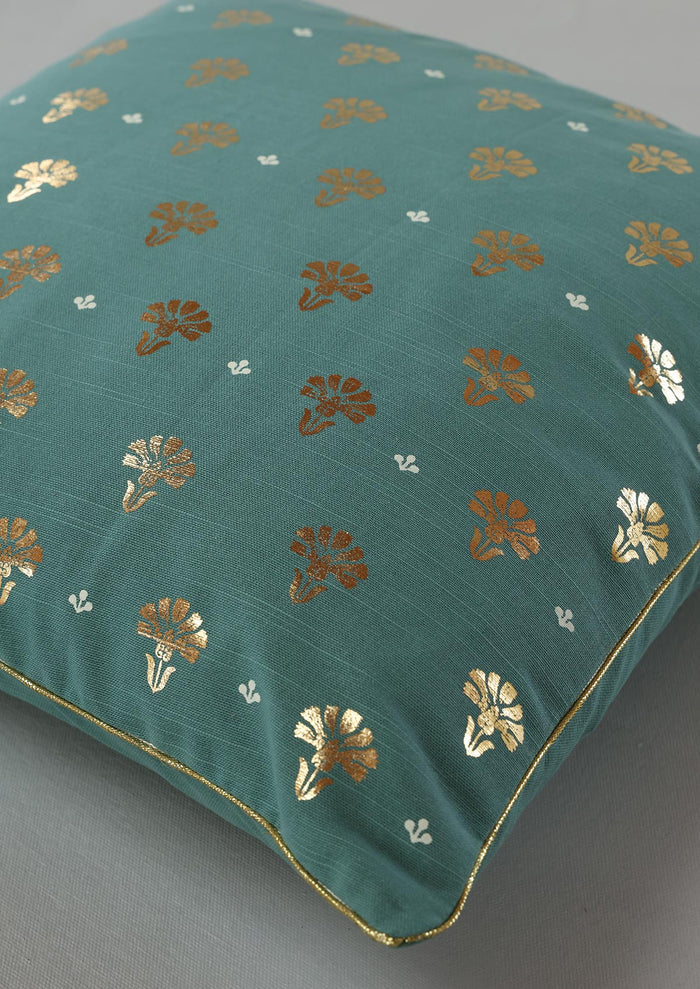 Mudra Teal | Gold Printed Floral | 100% Cotton Cushion Cover For Sofa