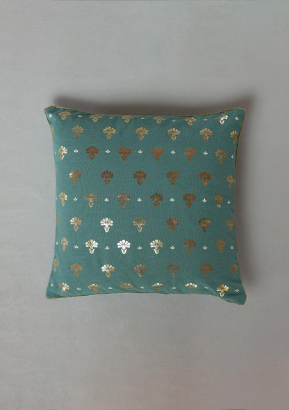 Mudra Teal | Gold Printed Floral | 100% Cotton Cushion Cover For Sofa