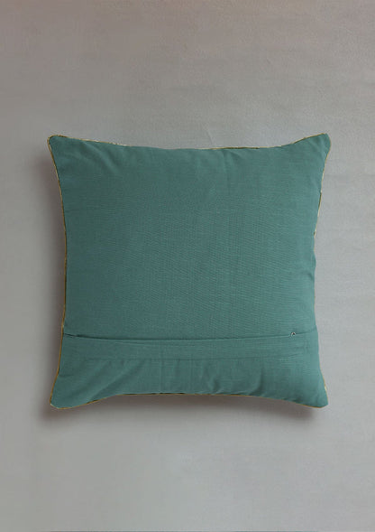 Mudra Teal | Gold Printed Floral | 100% Cotton Cushion Cover For Sofa