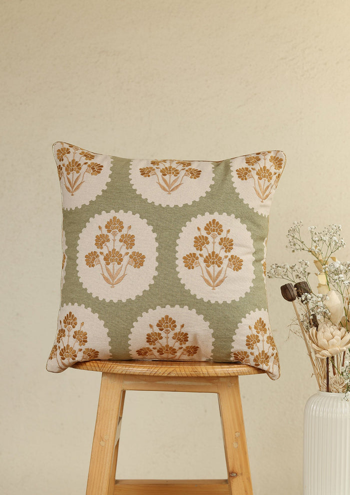 Nargis Green & Mustard | Embroidered Floral |100% Cotton Cushion Cover For Sofa